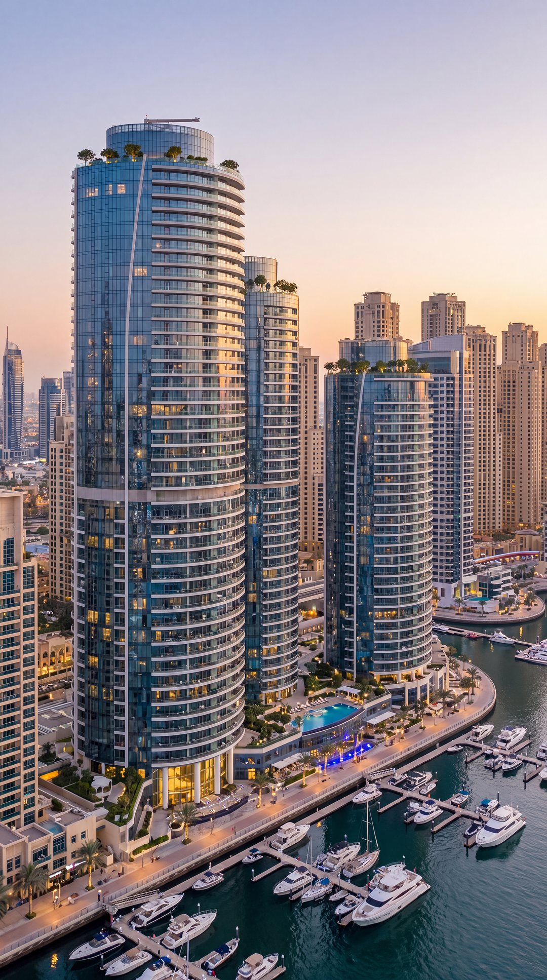 Curved residential towers with a landscaped pool deck at sunset (representative image)