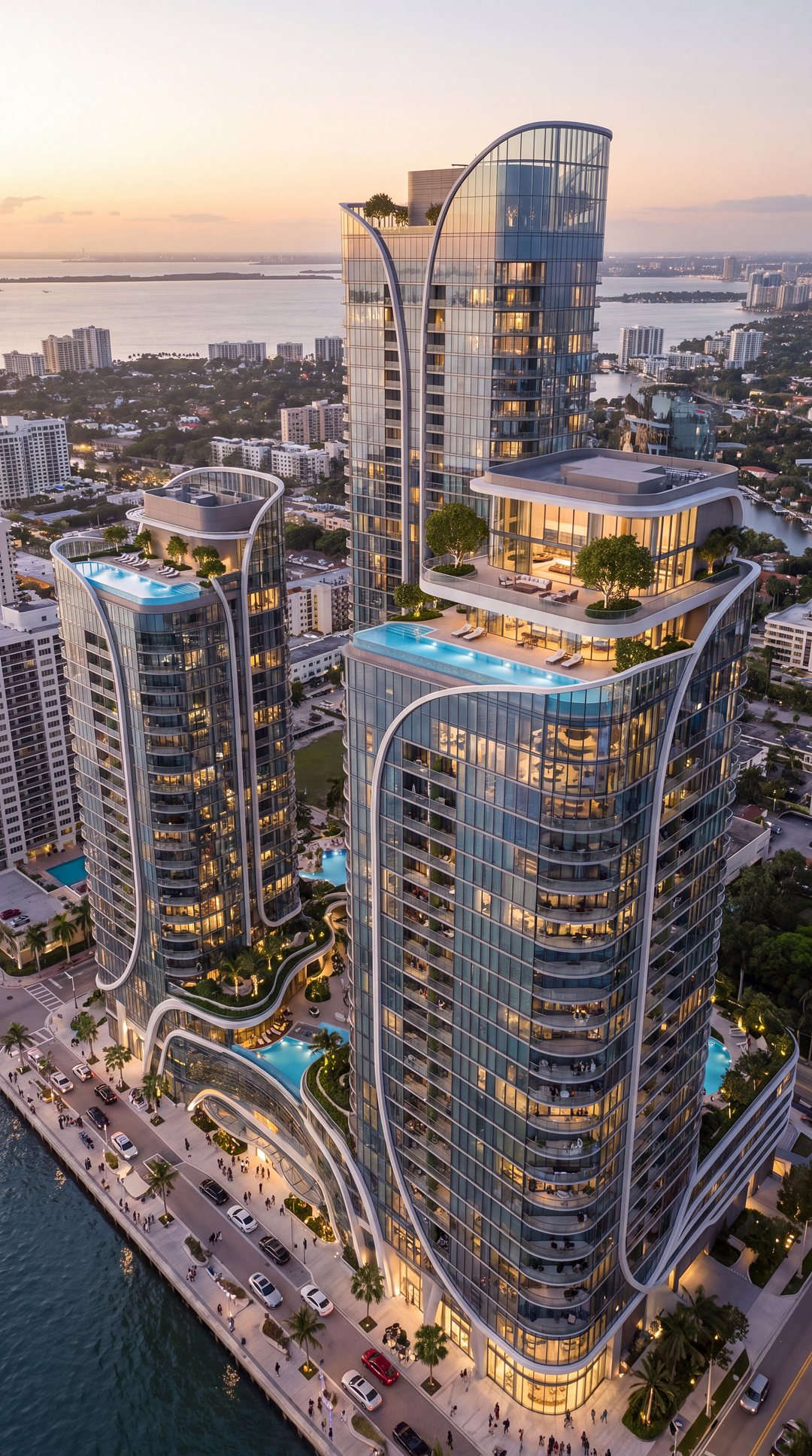 Sculptural glass residential towers with rooftop infinity pools beside a promenade at sunset (representative image)