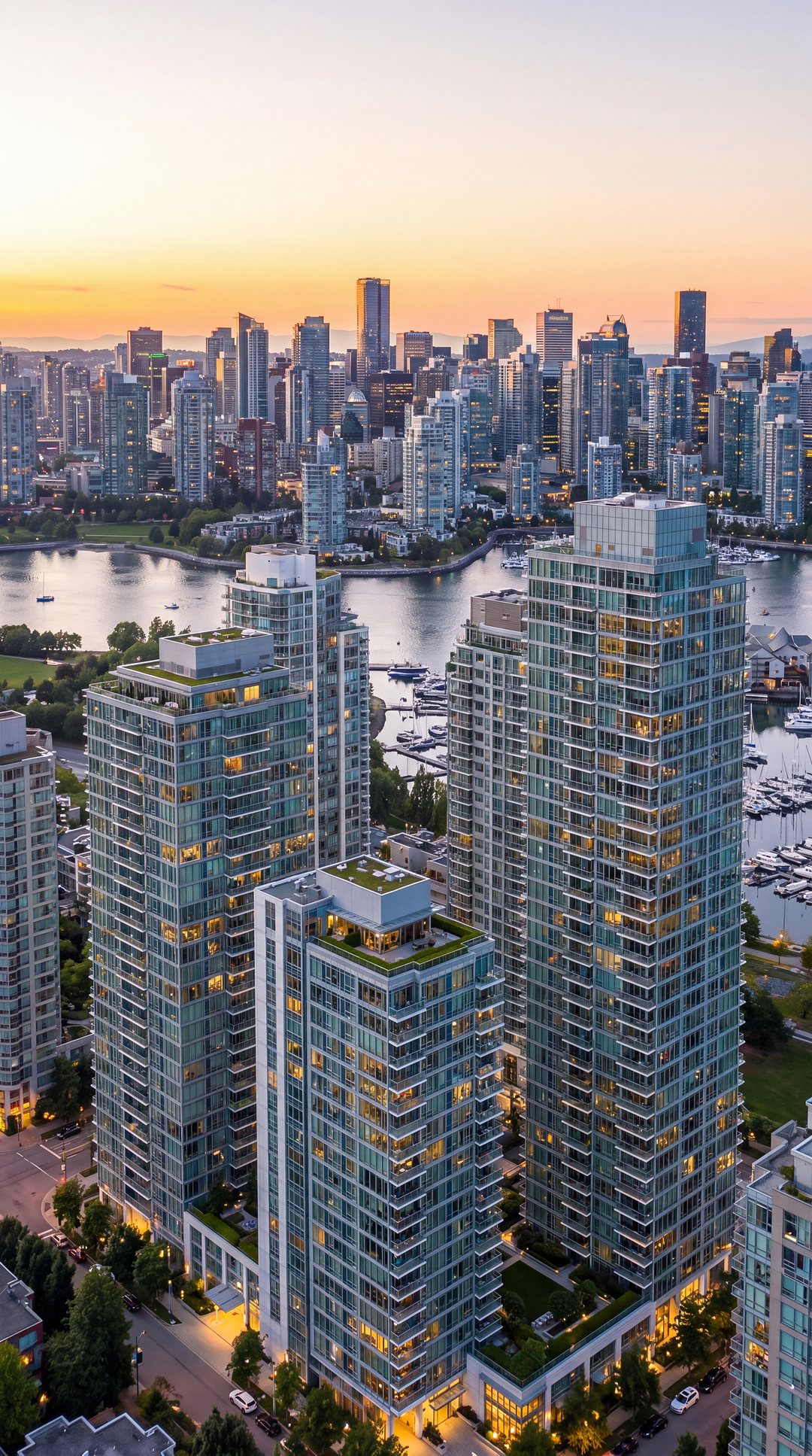 Glass residential towers overlooking a marina and a city skyline at sunset (representative image)
